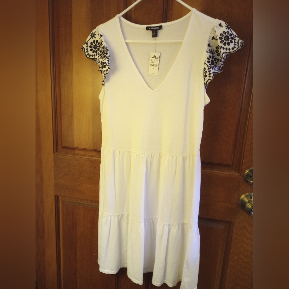 Express White Dress with Black Floral Sleeves